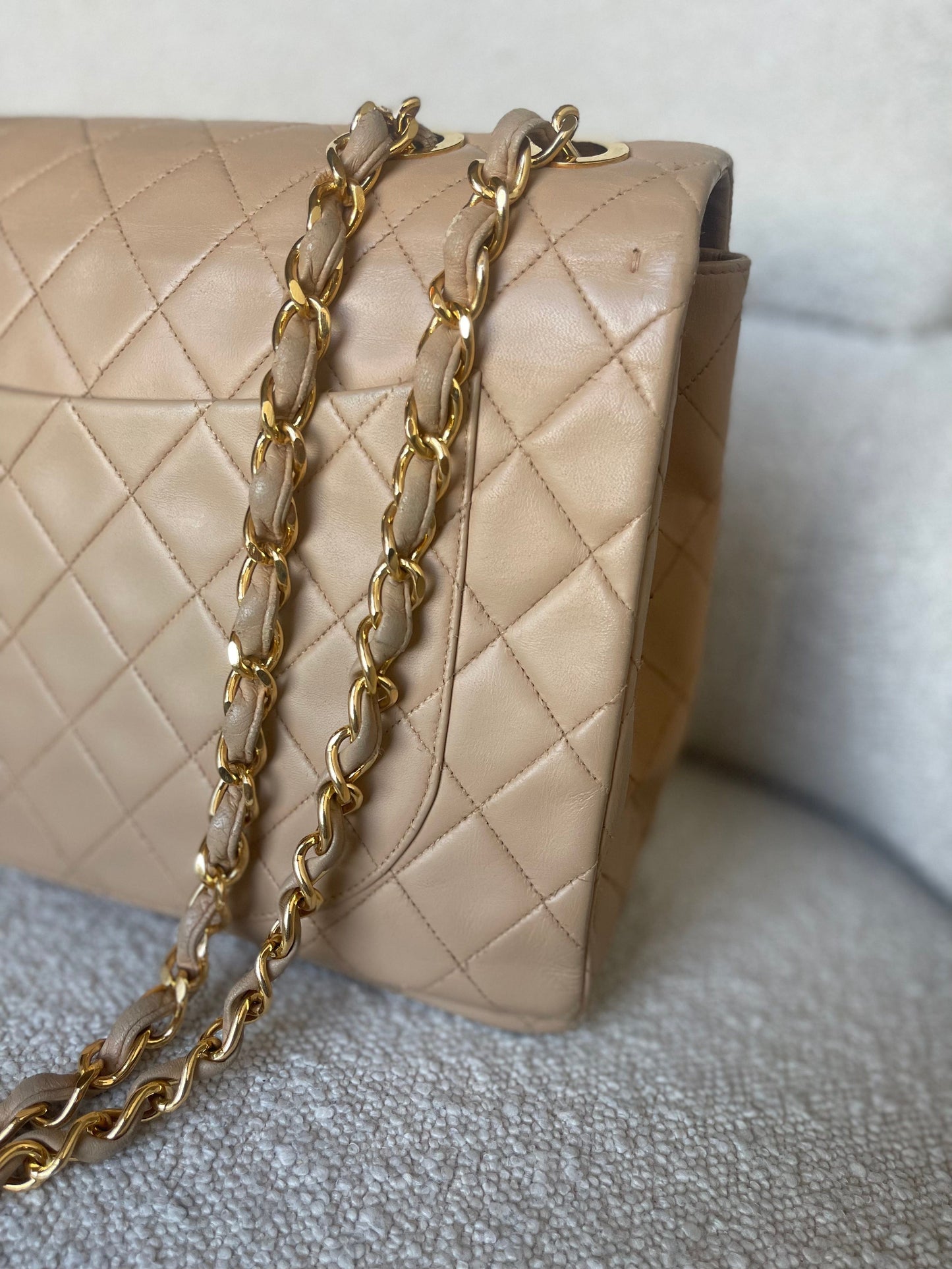 Vintage Beige Lambskin Quilted Jumbo XL Single Flap GHW