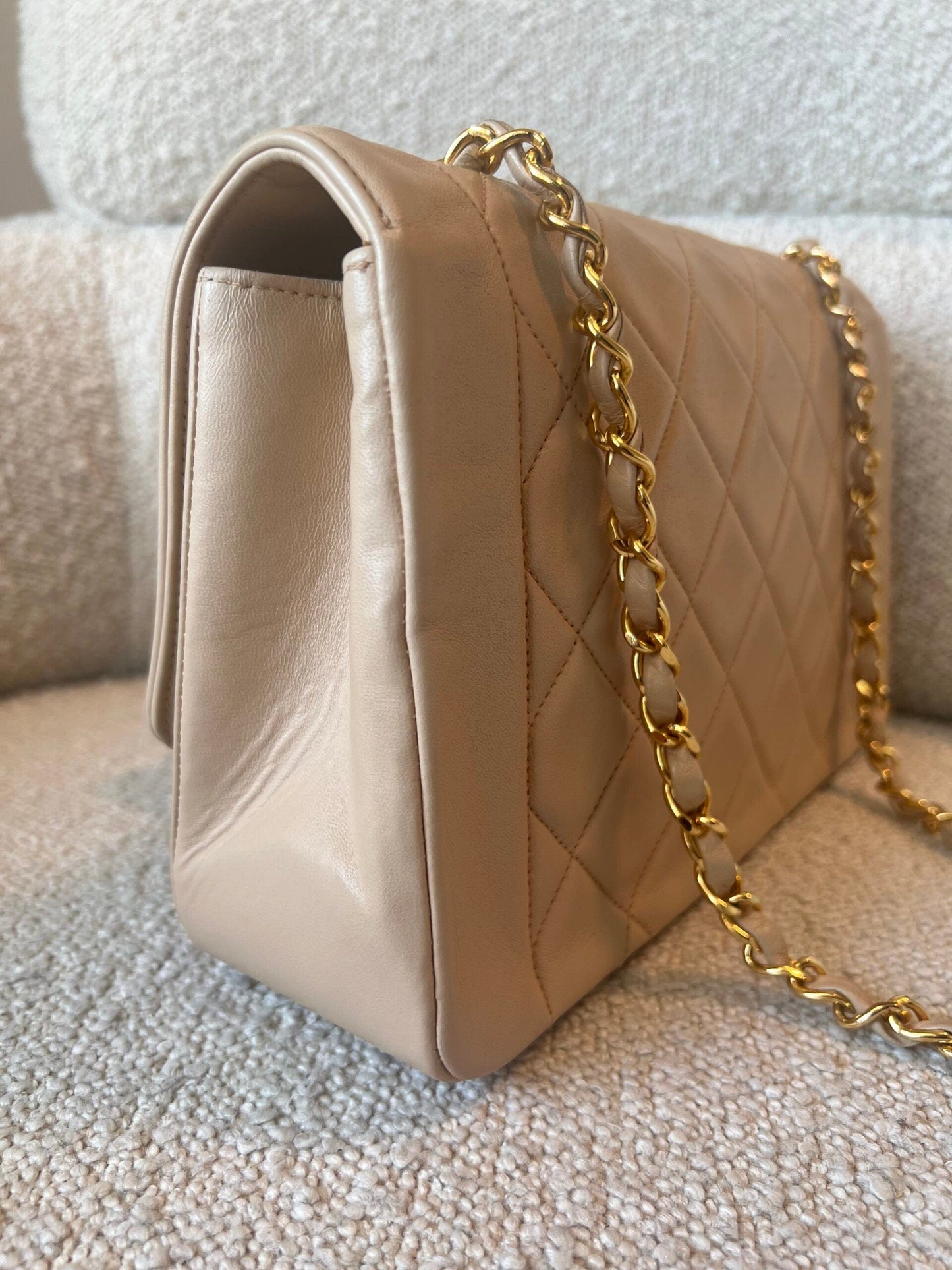 Vintage Beige Lambskin Quilted Medium Diana Flap Gold Hardware