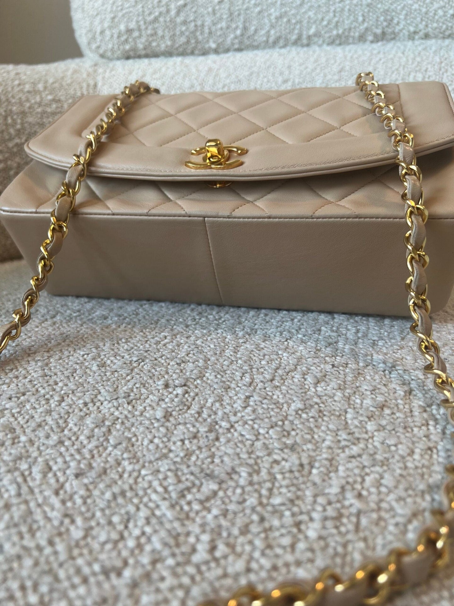 Vintage Beige Lambskin Quilted Medium Diana Flap Gold Hardware