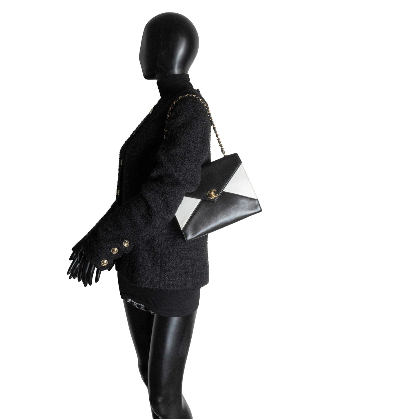 Vintage Black and White Lambskin Envelope Shoulder Bag Gold Hardware