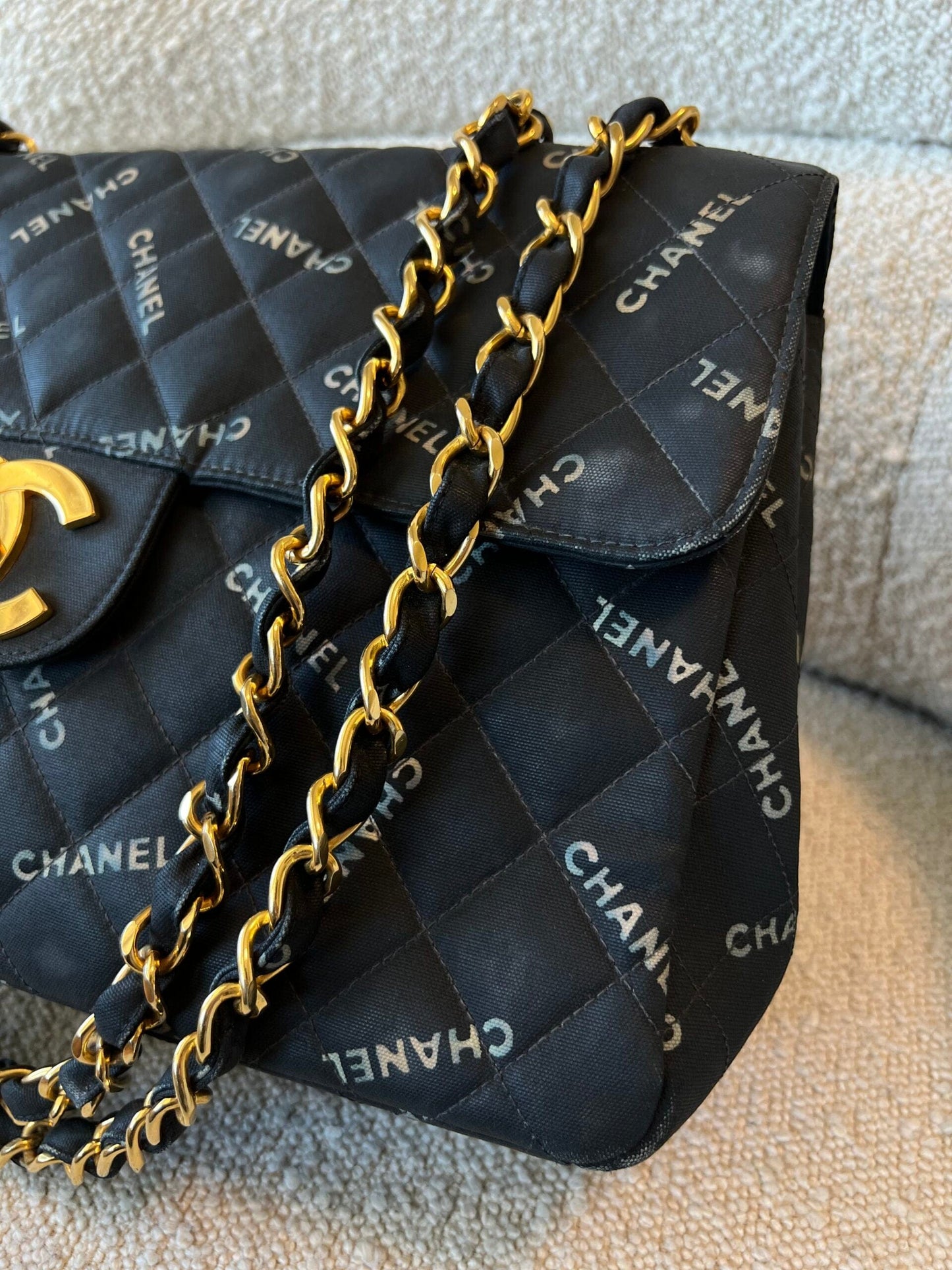 Vintage Black Canvas Quilted  Single Flap Jumbo XL Gold Hardware