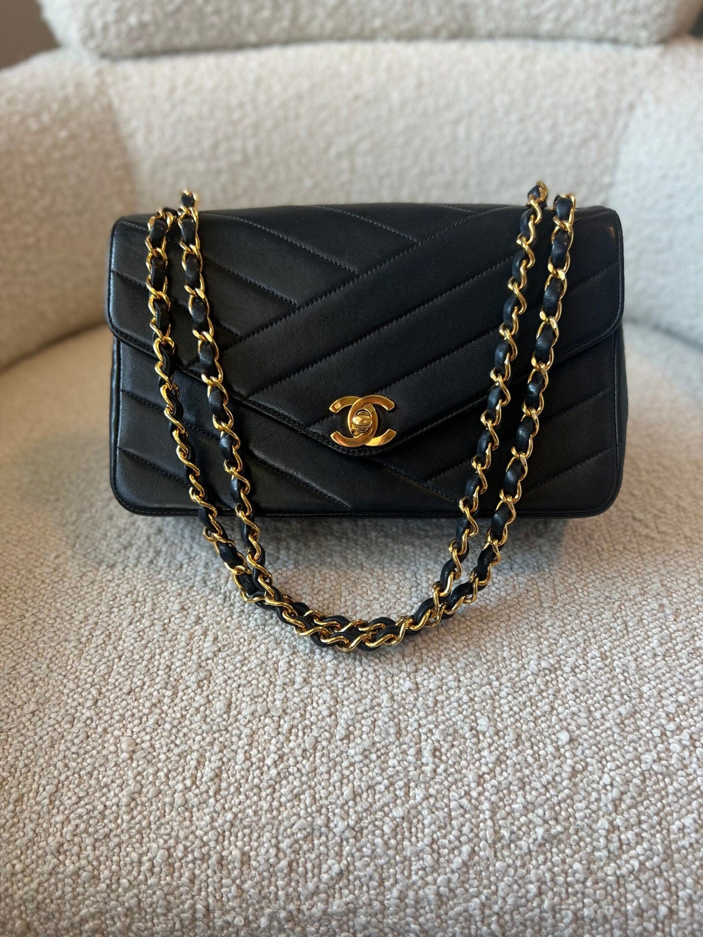 Vintage Black Lambskin Chevron Envelope Flap Bag Small GHW