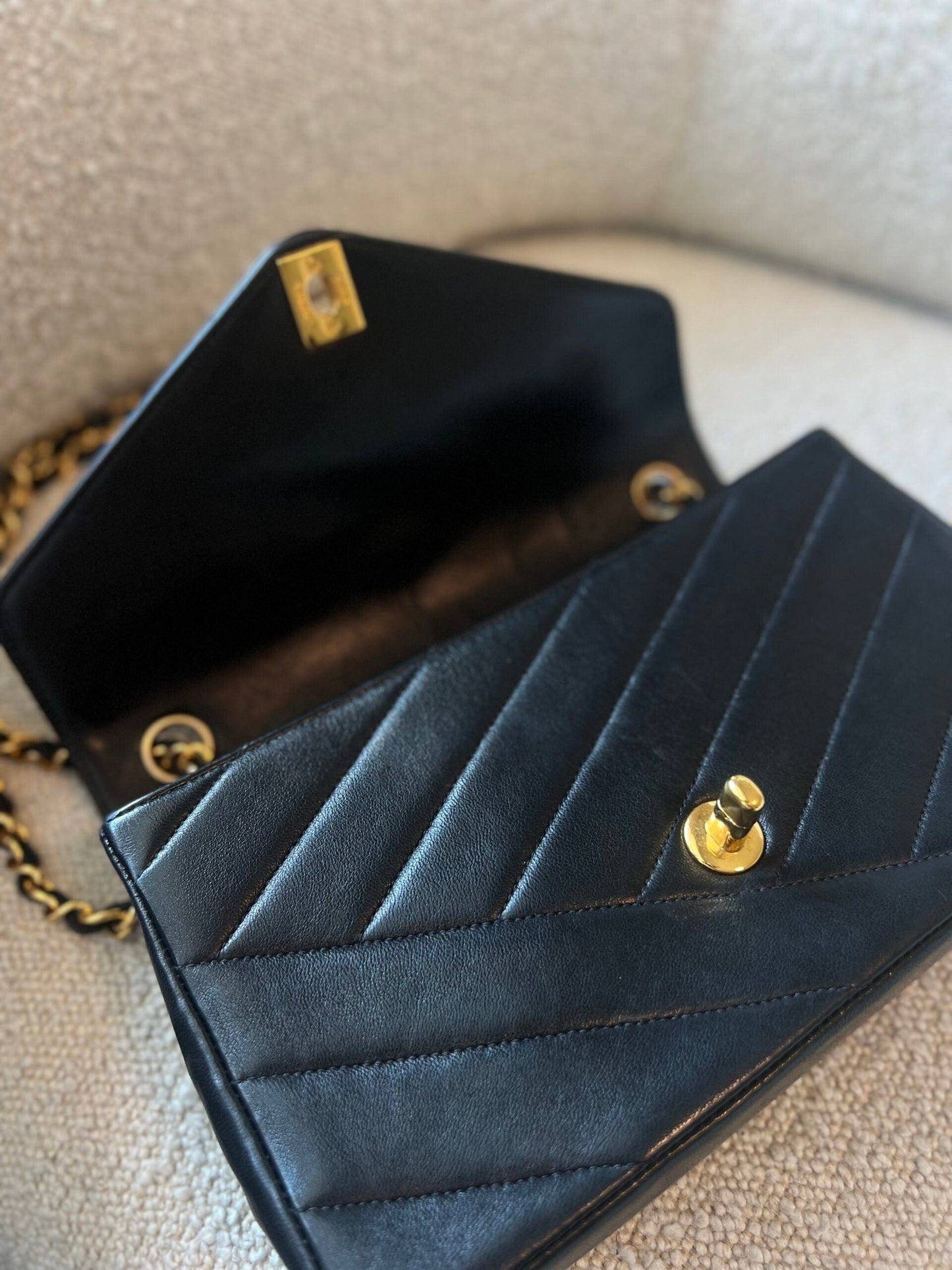 Vintage Black Lambskin Chevron Envelope Flap Bag Small GHW