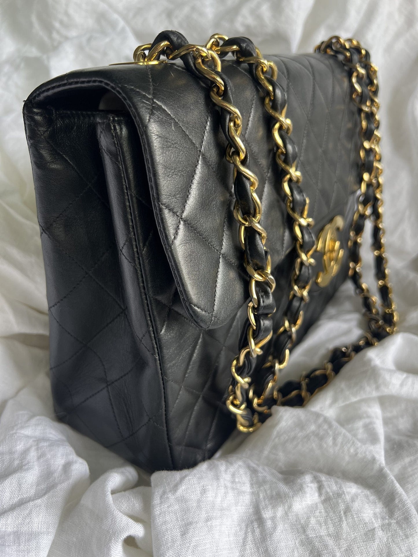 Vintage Black Lambskin Quilted Jumbo XL Single Flap