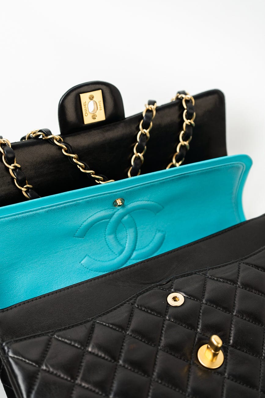 Vintage Black / Turquoise Lambskin Quilted Classic Flap Medium AGHW