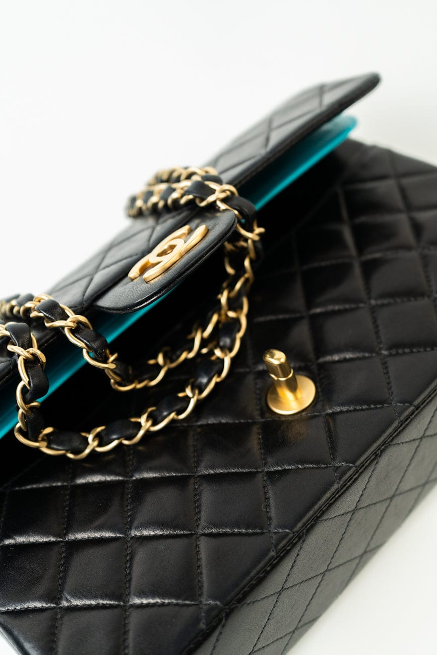 Vintage Black / Turquoise Lambskin Quilted Classic Flap Medium AGHW