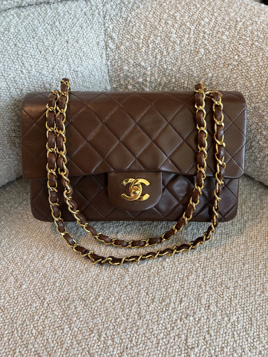 Vintage Brown Lambskin Quilted Classic Flap Small GHW