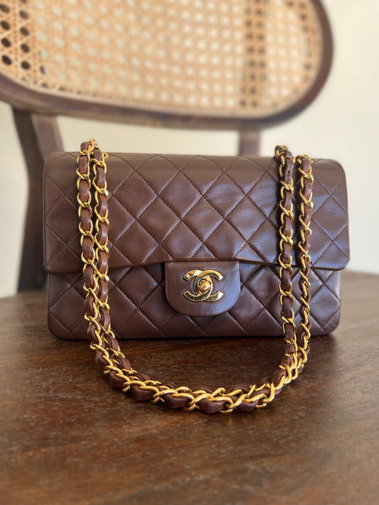 Vintage Brown Lambskin Quilted Classic Flap Small Gold Hardware