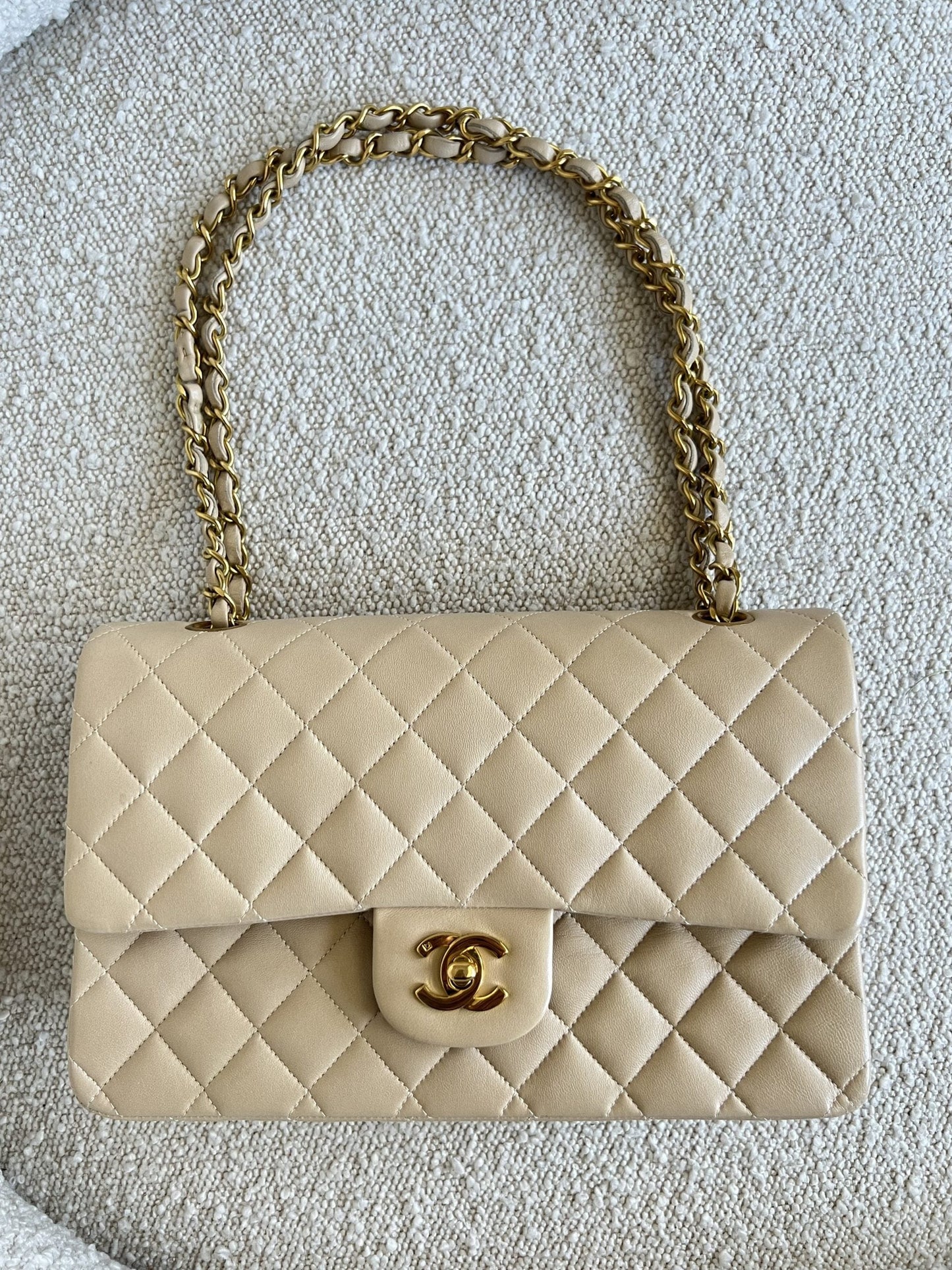 Vintage Light Beige Lambskin Quilted Classic Flap Medium GHW