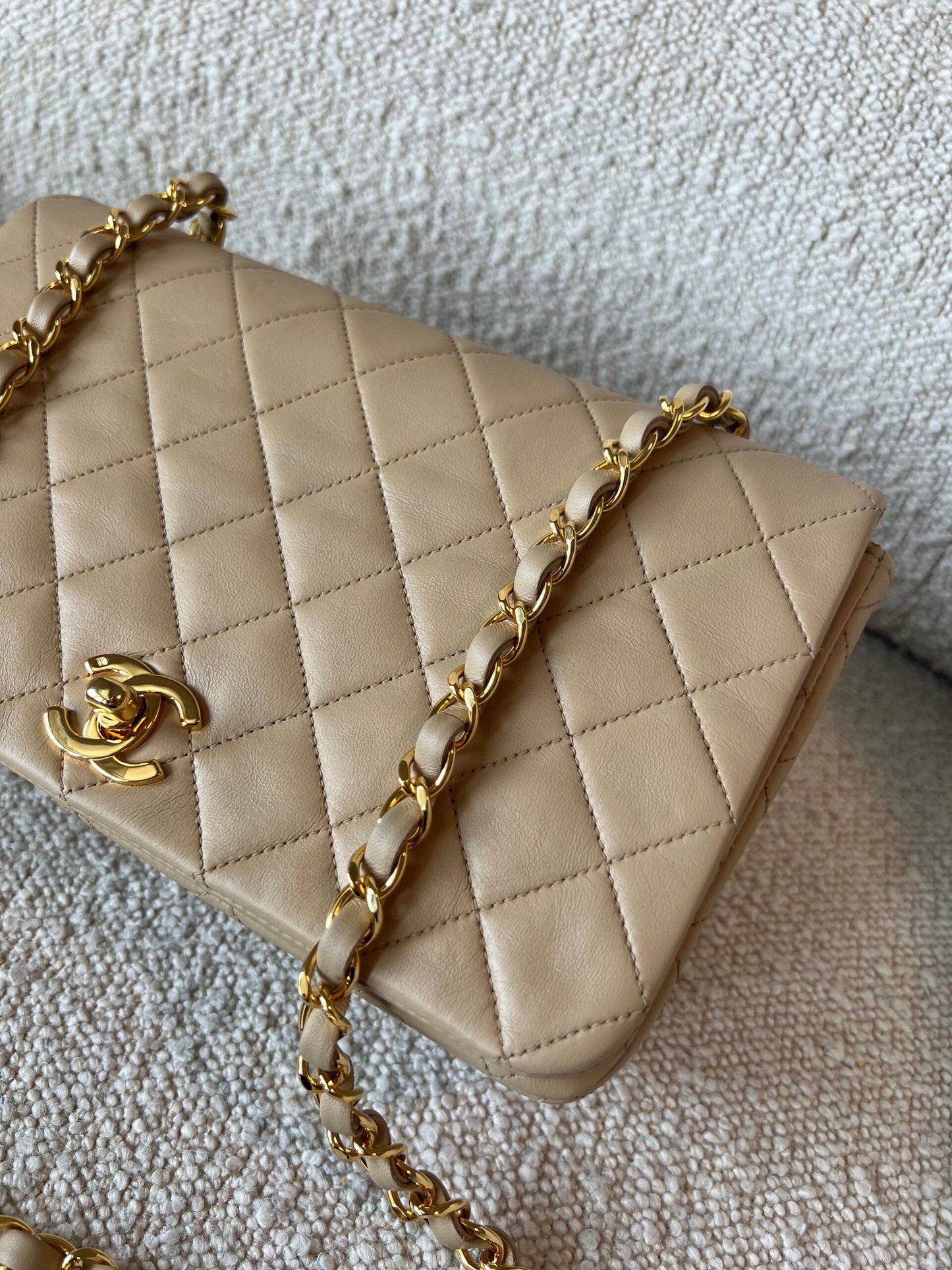 Vintage Light Beige Lambskin Quilted Full Flap Small Gold Hardware