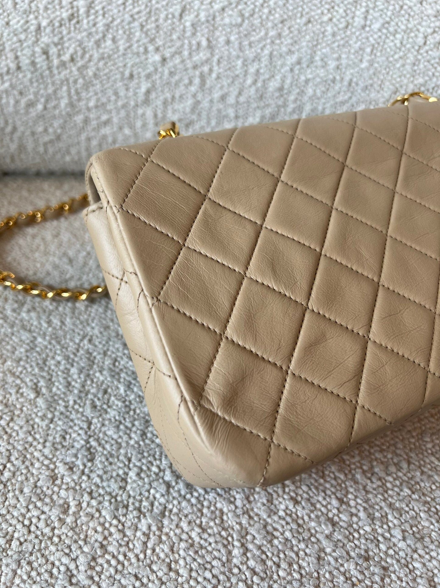 Vintage Light Beige Lambskin Quilted Full Flap Small Gold Hardware
