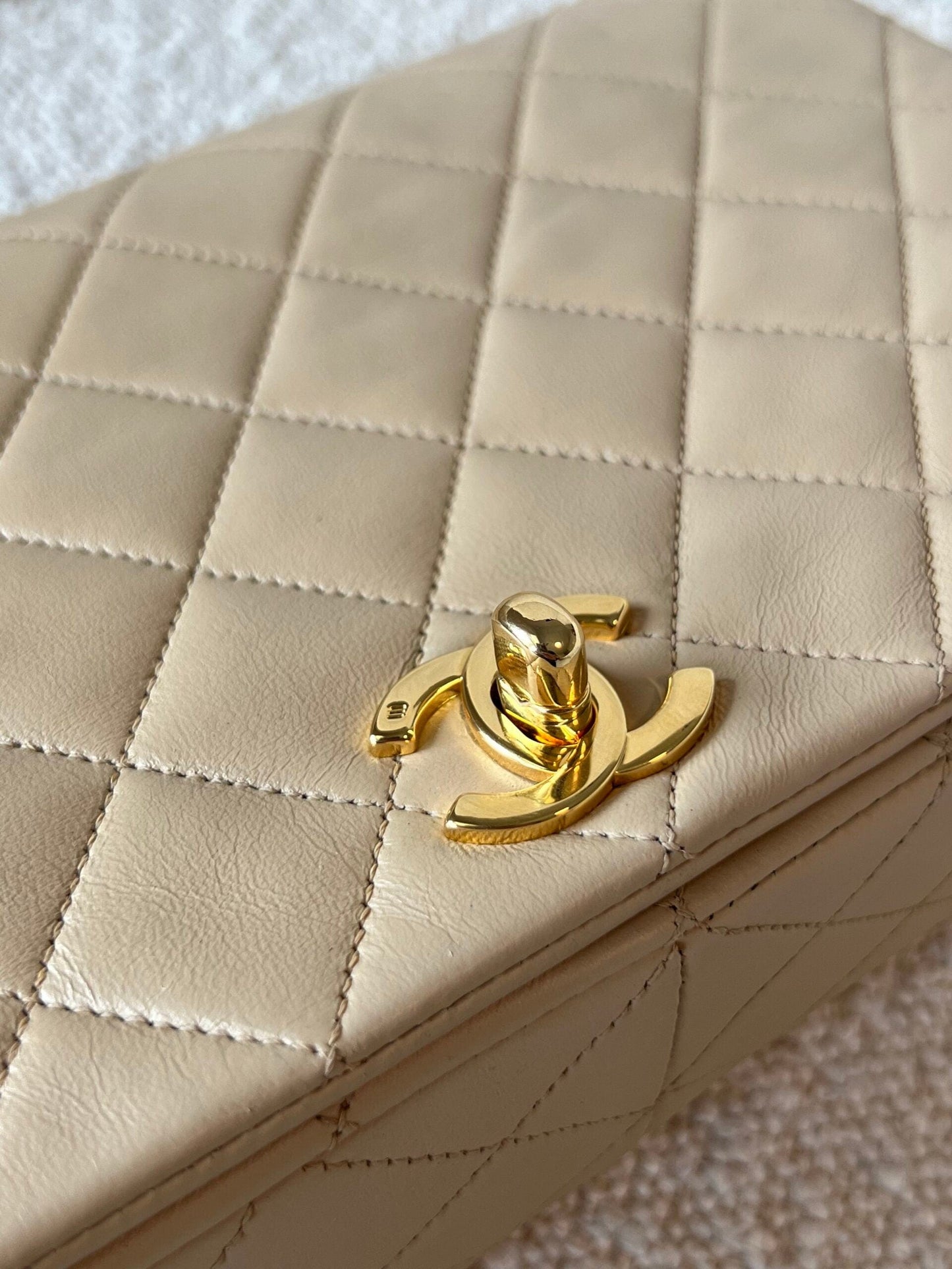Vintage Light Beige Lambskin Quilted Full Flap Small Gold Hardware