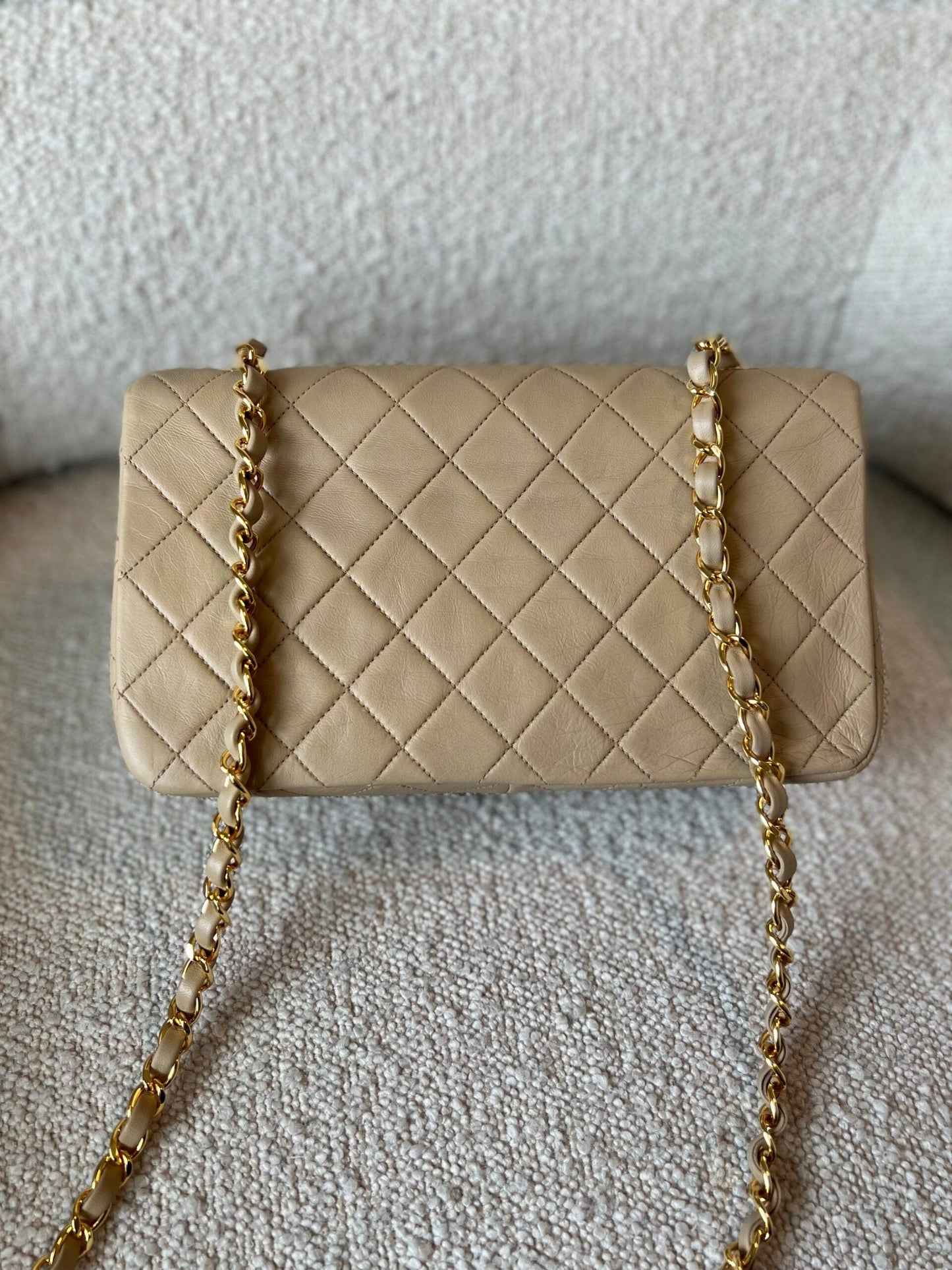 Vintage Light Beige Lambskin Quilted Full Flap Small Gold Hardware