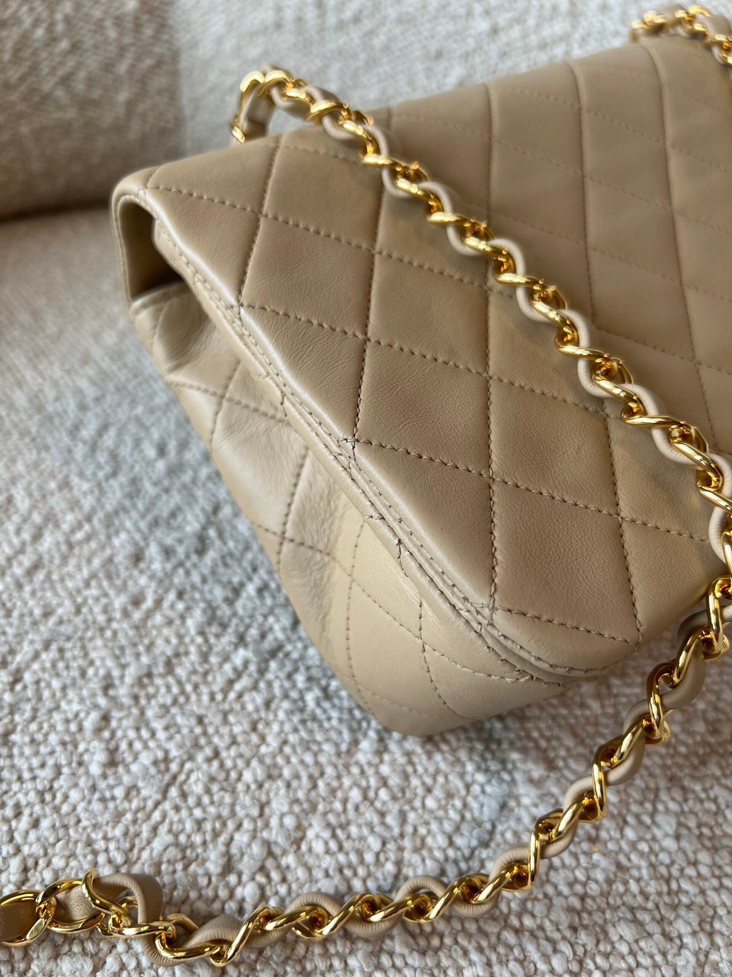 Vintage Light Beige Lambskin Quilted Full Flap Small Gold Hardware