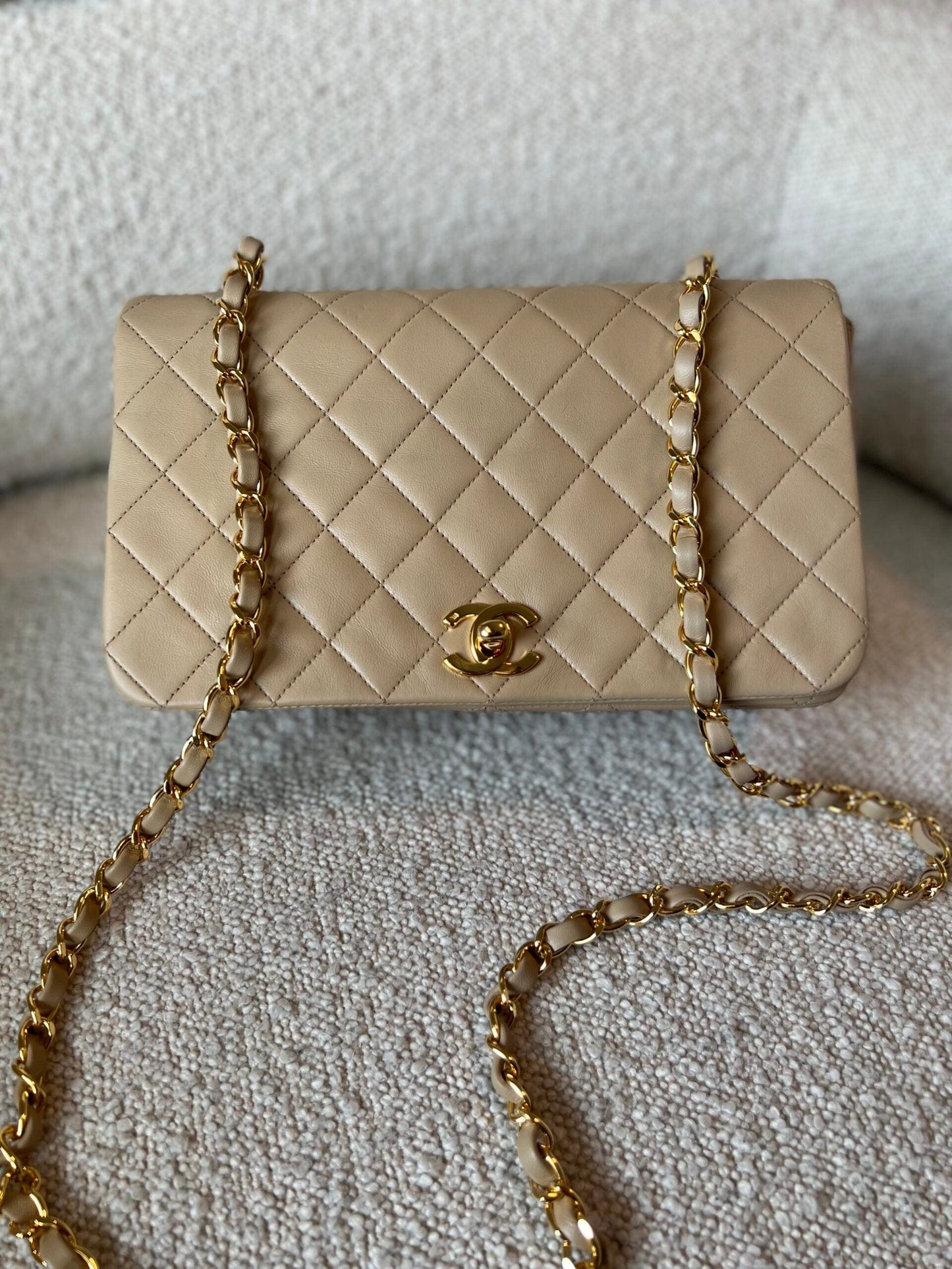 Vintage Light Beige Lambskin Quilted Full Flap Small Gold Hardware