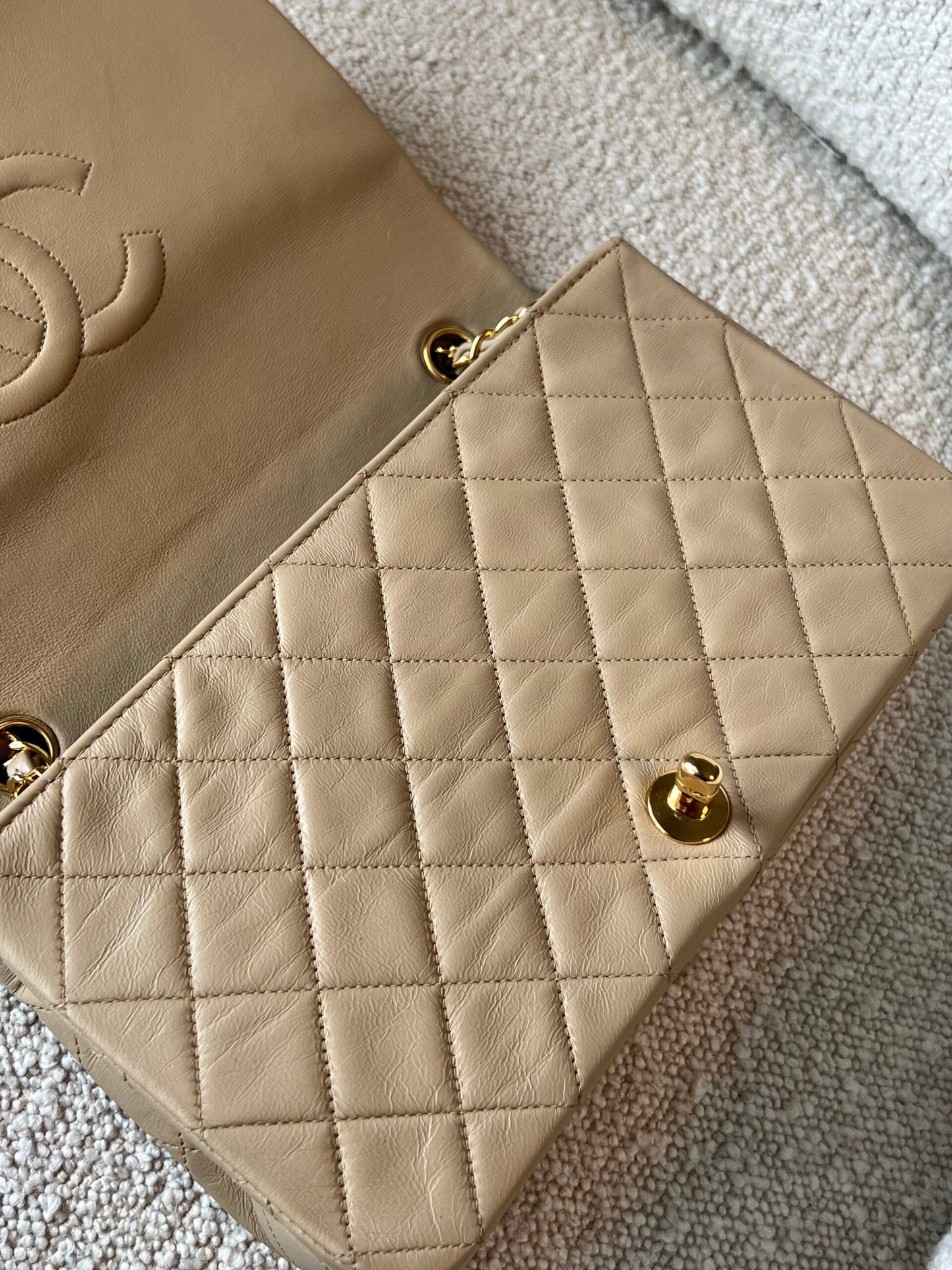 Vintage Light Beige Lambskin Quilted Full Flap Small Gold Hardware