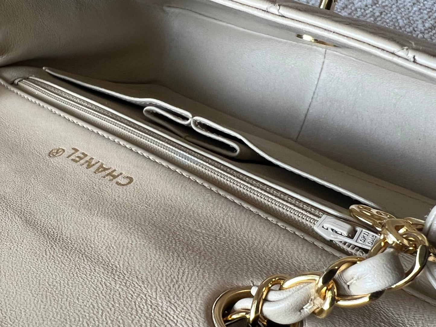 Vintage Light Beige Lambskin Quilted Full Flap Small Gold Hardware