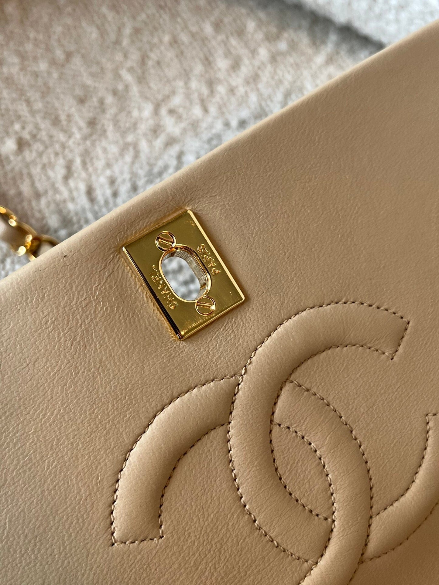 Vintage Light Beige Lambskin Quilted Full Flap Small Gold Hardware