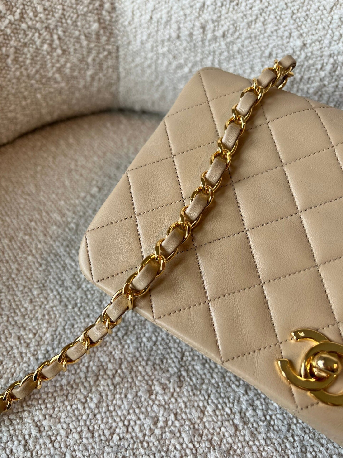 Vintage Light Beige Lambskin Quilted Full Flap Small Gold Hardware