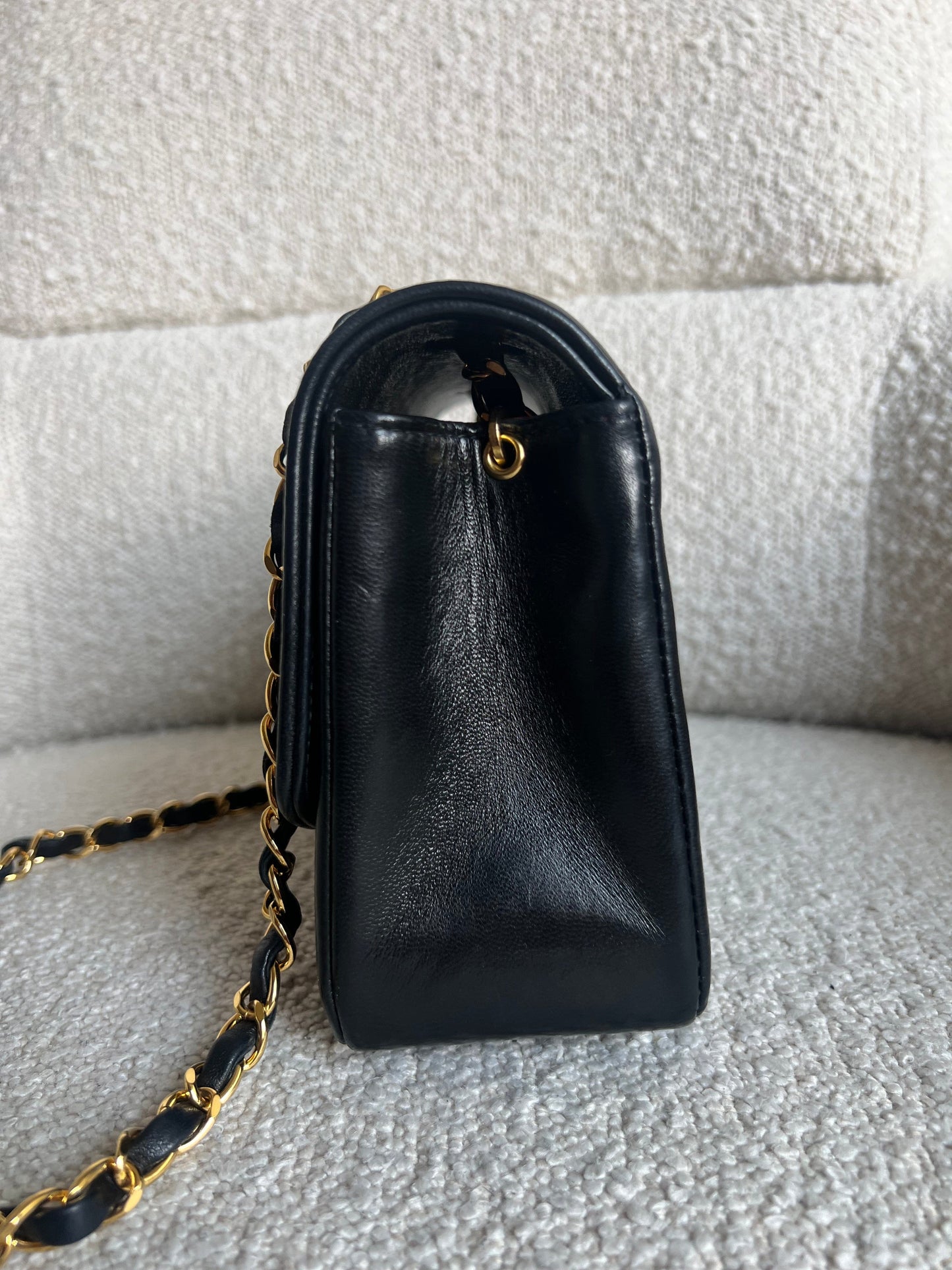 Vintage Small Black Lambskin Quilted Diana Flap 24K Gold Hardware