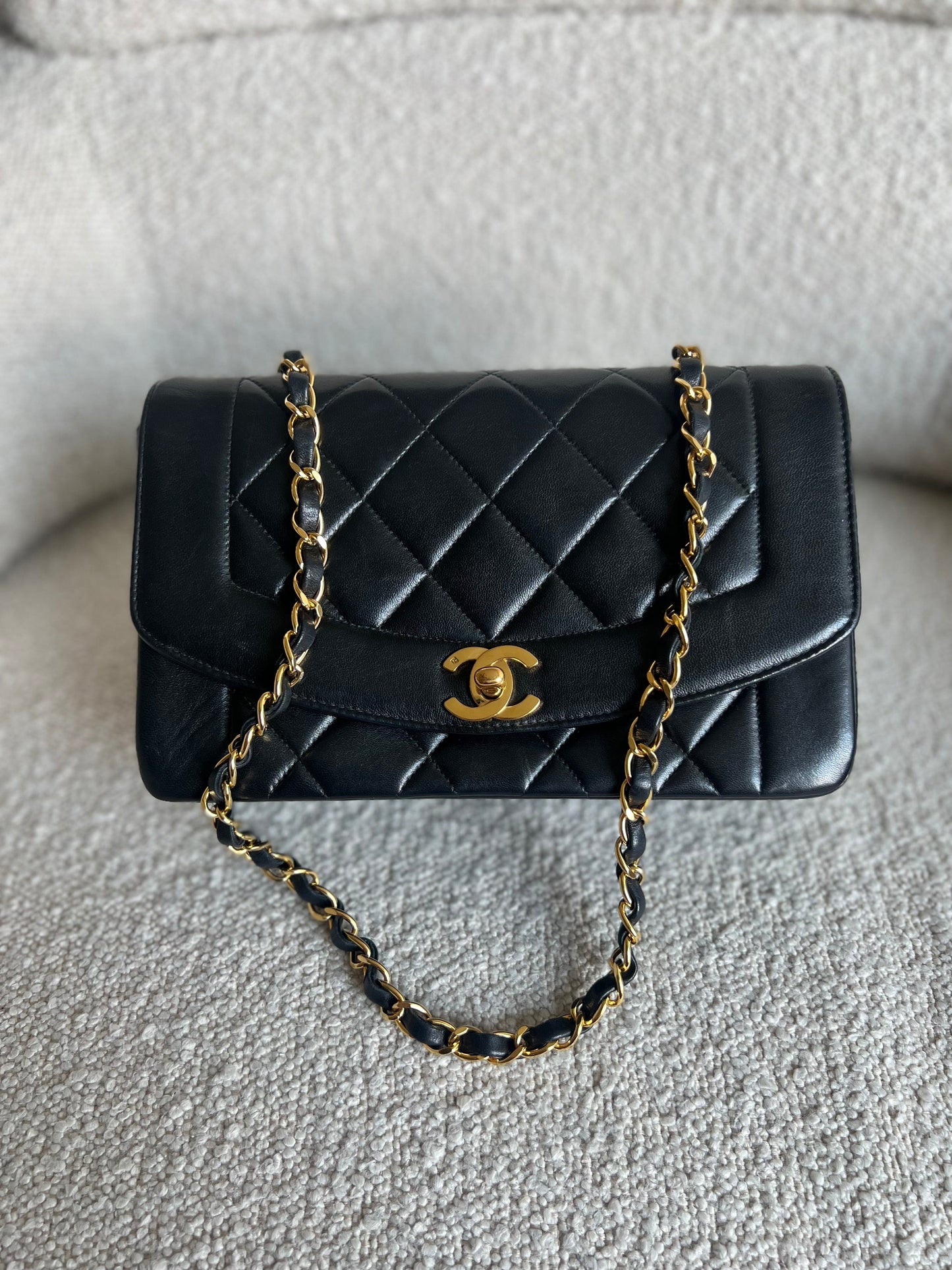 Vintage Small Black Lambskin Quilted Diana Flap 24K Gold Hardware