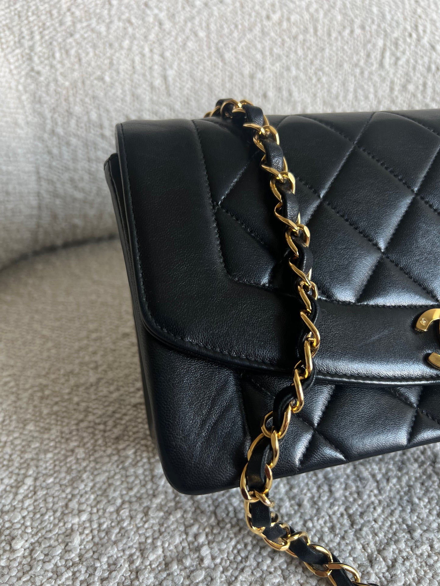 Vintage Small Black Lambskin Quilted Diana Flap 24K Gold Hardware