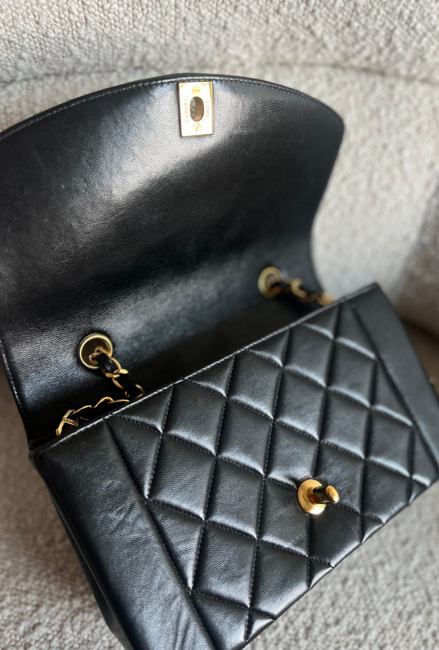 Vintage Small Black Lambskin Quilted Diana Flap 24K Gold Hardware