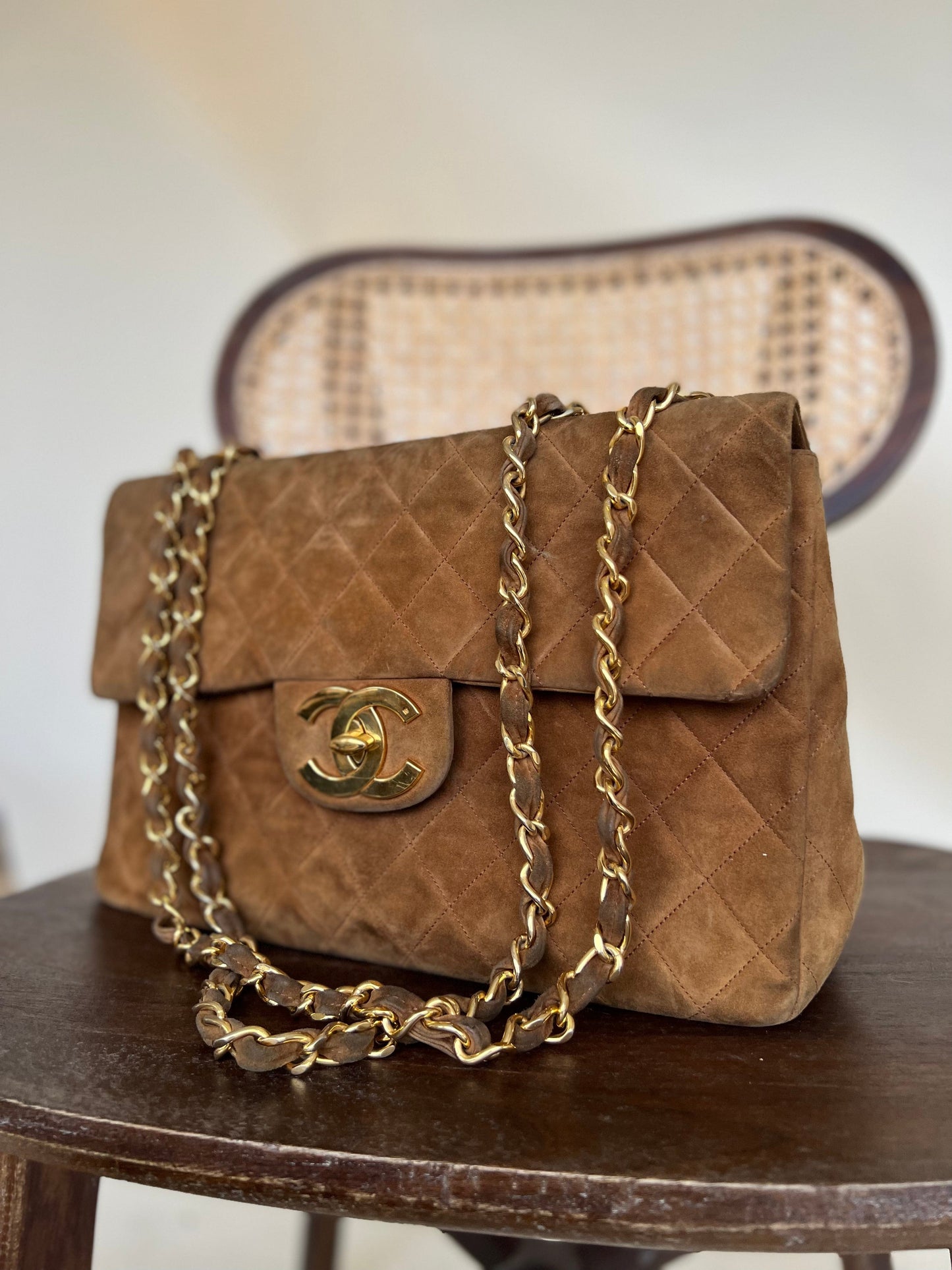 Vintage Tan/Brown Suede Quilted Jumbo XL Single Flap 24k GHW