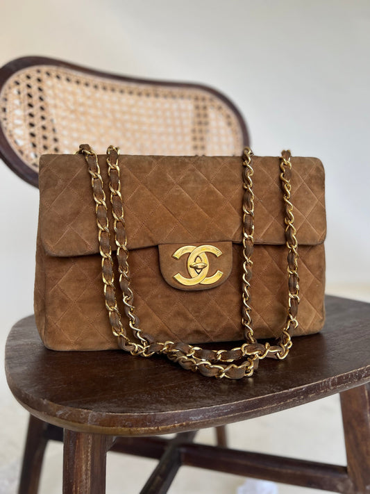 Vintage Tan/Brown Suede Quilted Jumbo XL Single Flap 24k GHW