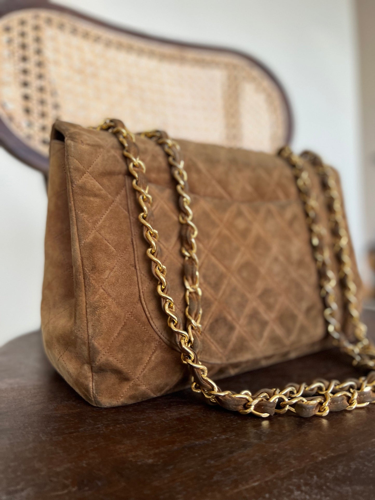 Vintage Tan/Brown Suede Quilted Jumbo XL Single Flap 24k GHW