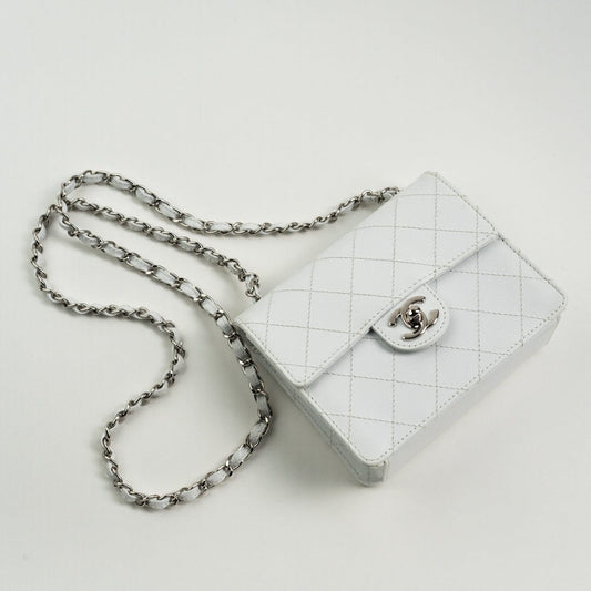 Vintage White Mini Square Caviar Quilted Silver Hardware