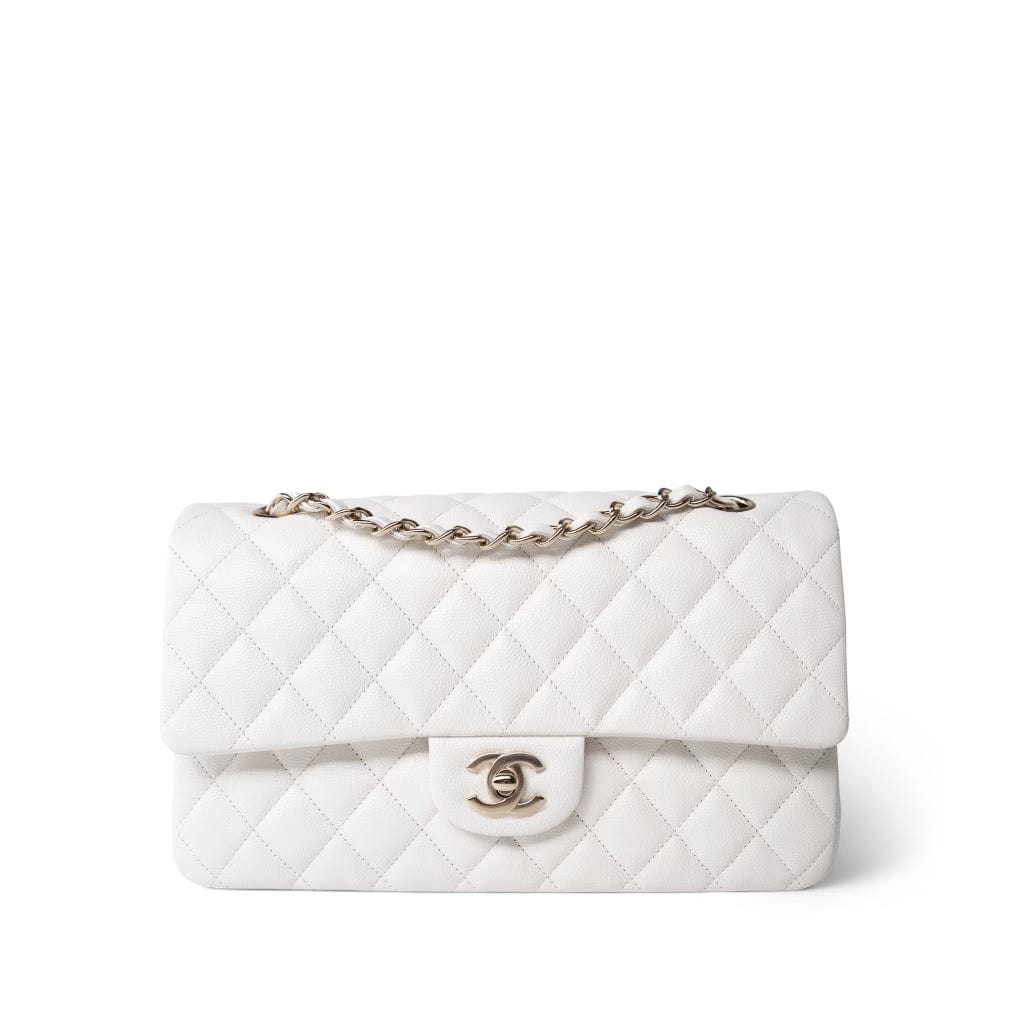 20S White Caviar Quilted Classic Flap Medium Light Gold Hardware