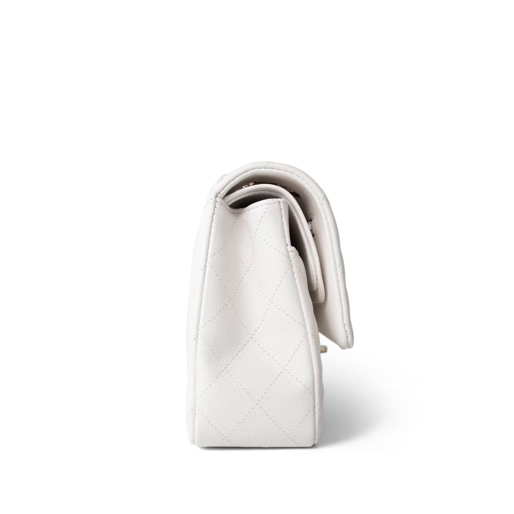 20S White Caviar Quilted Classic Flap Medium Light Gold Hardware