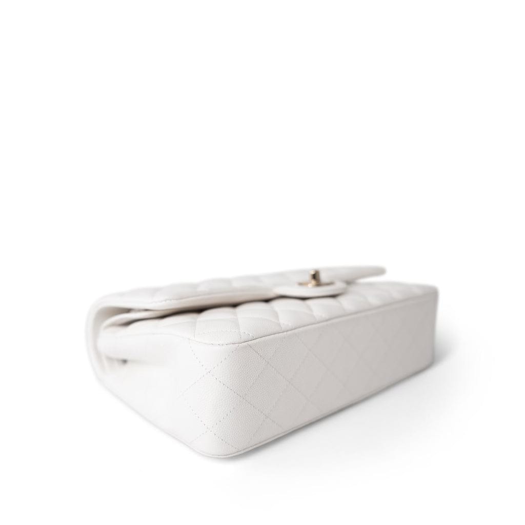 20S White Caviar Quilted Classic Flap Medium Light Gold Hardware