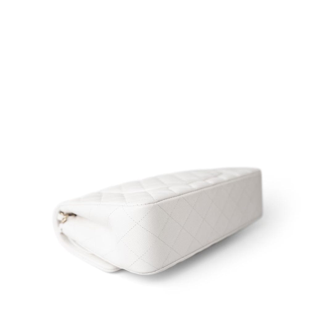 20S White Caviar Quilted Classic Flap Medium Light Gold Hardware