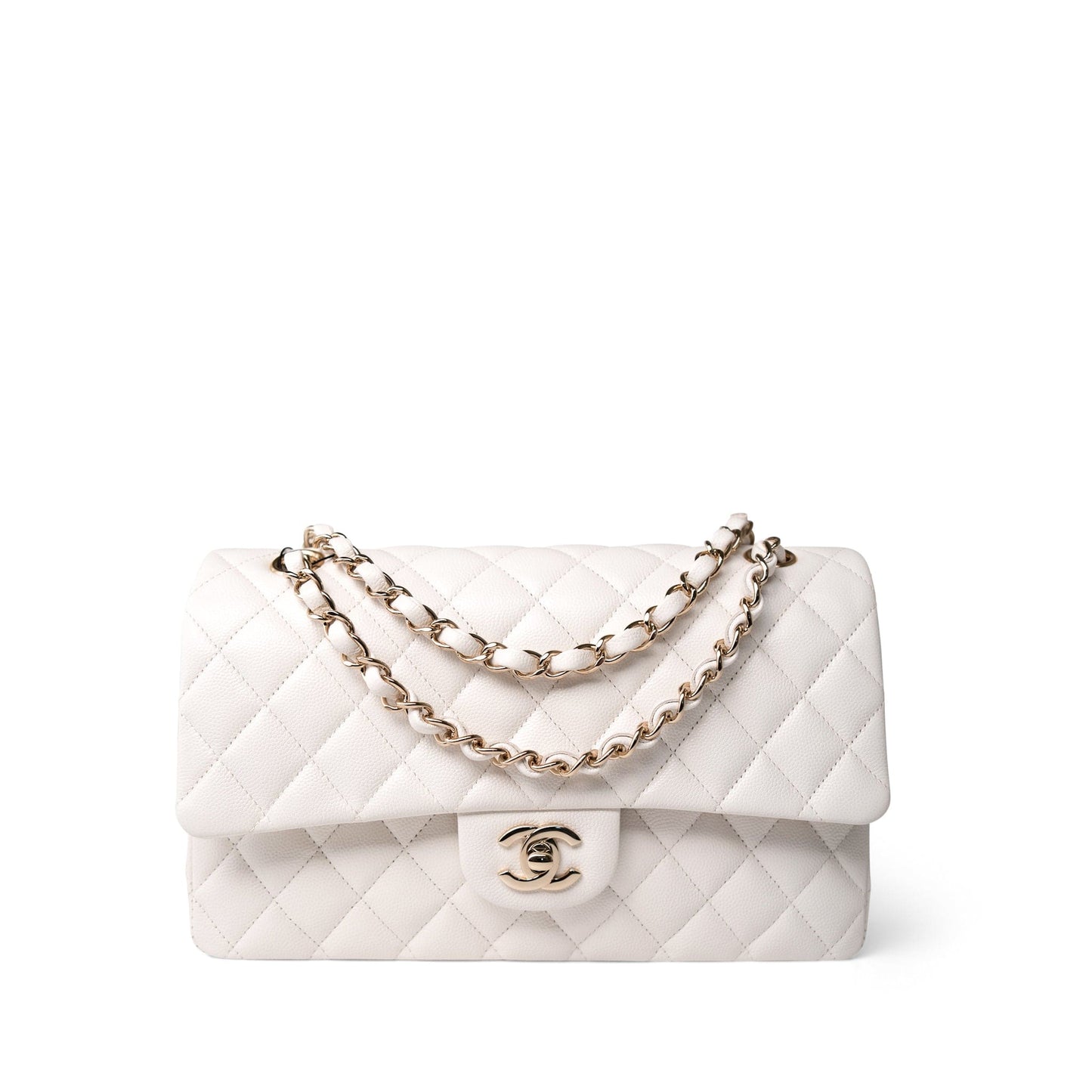21C White Caviar Quilted Classic Flap Medium Light Gold Hardware