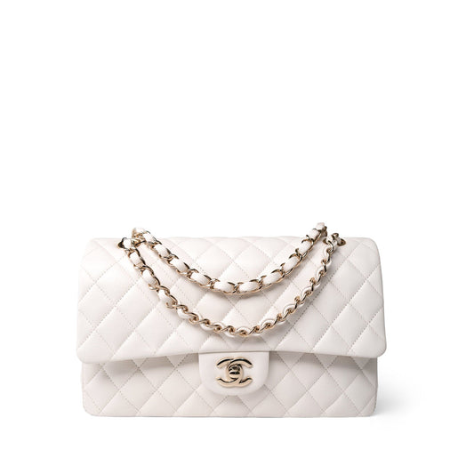 21C White Caviar Quilted Classic Flap Medium Light Gold Hardware