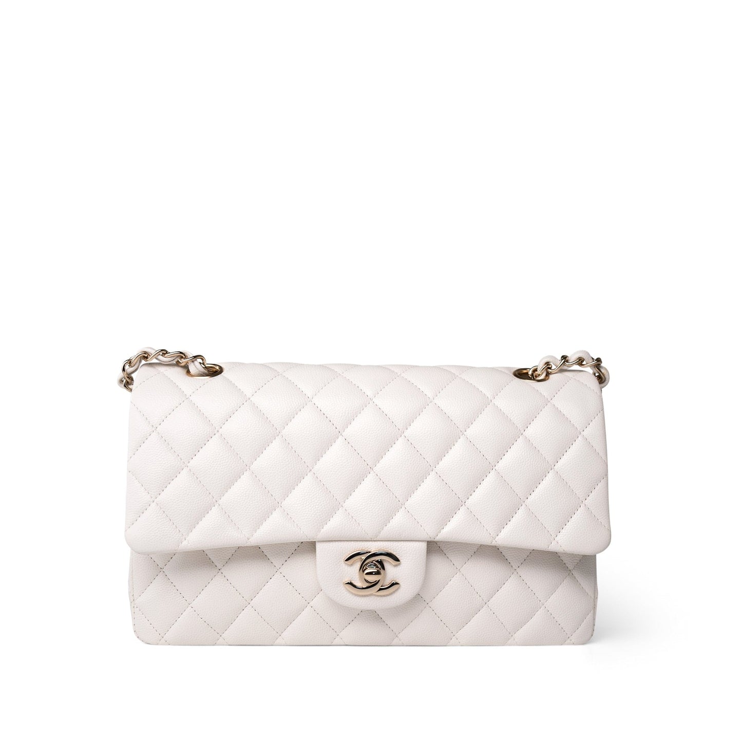 21C White Caviar Quilted Classic Flap Medium Light Gold Hardware