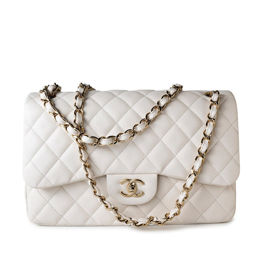 21S Jumbo White Caviar Quilted Classic Flap Light Gold Hardware