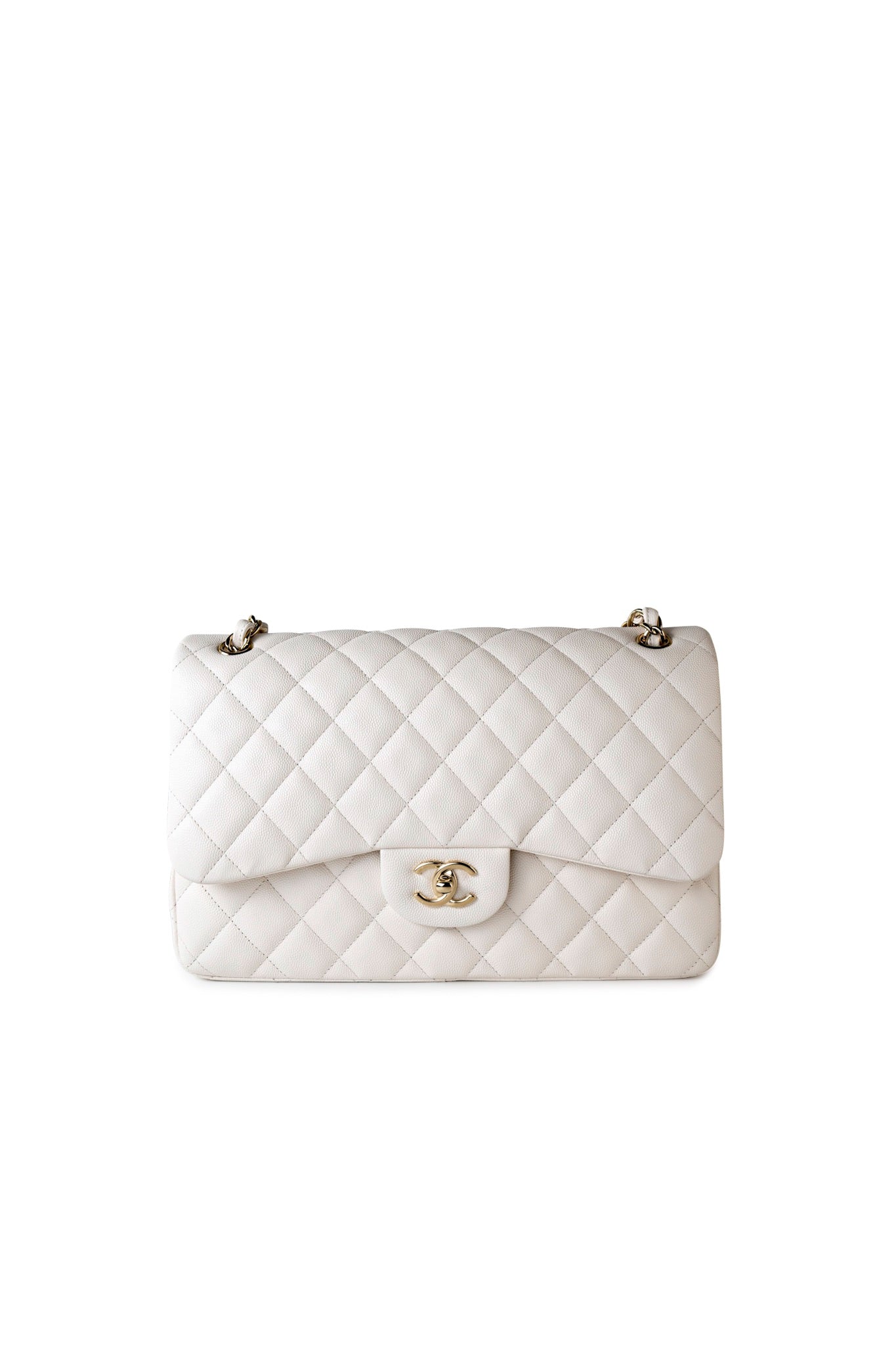 21S Jumbo White Caviar Quilted Classic Flap Light Gold Hardware