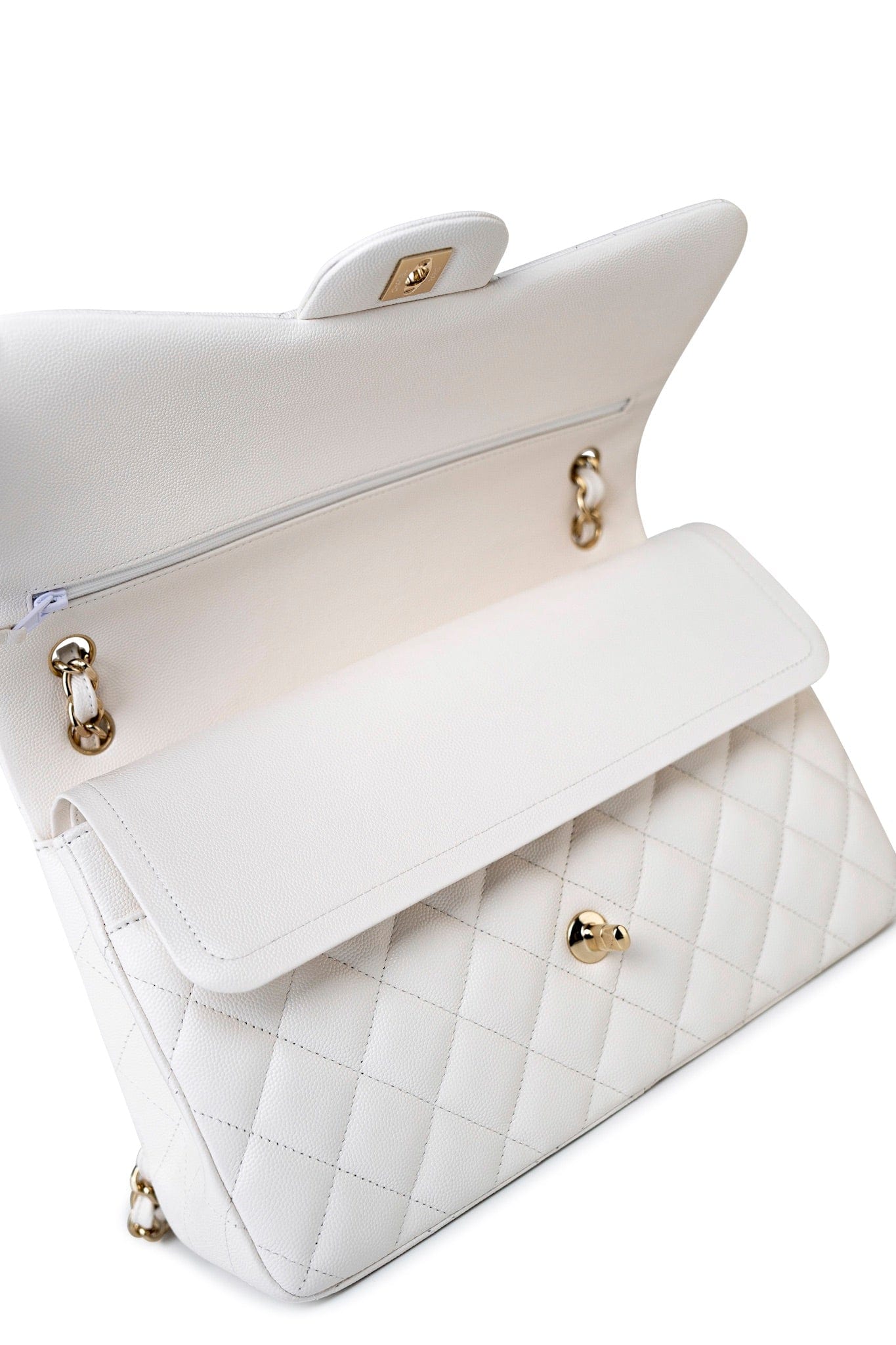 21S Jumbo White Caviar Quilted Classic Flap Light Gold Hardware