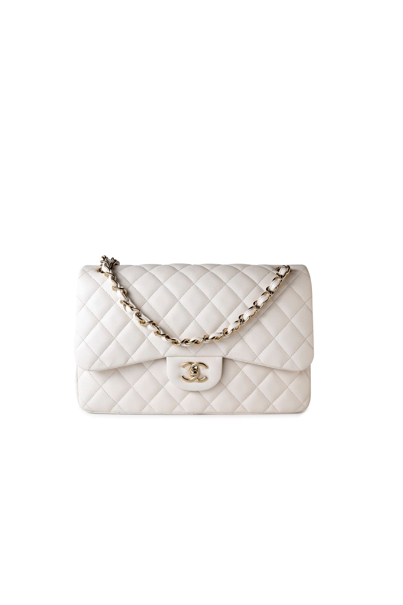 21S Jumbo White Caviar Quilted Classic Flap Light Gold Hardware