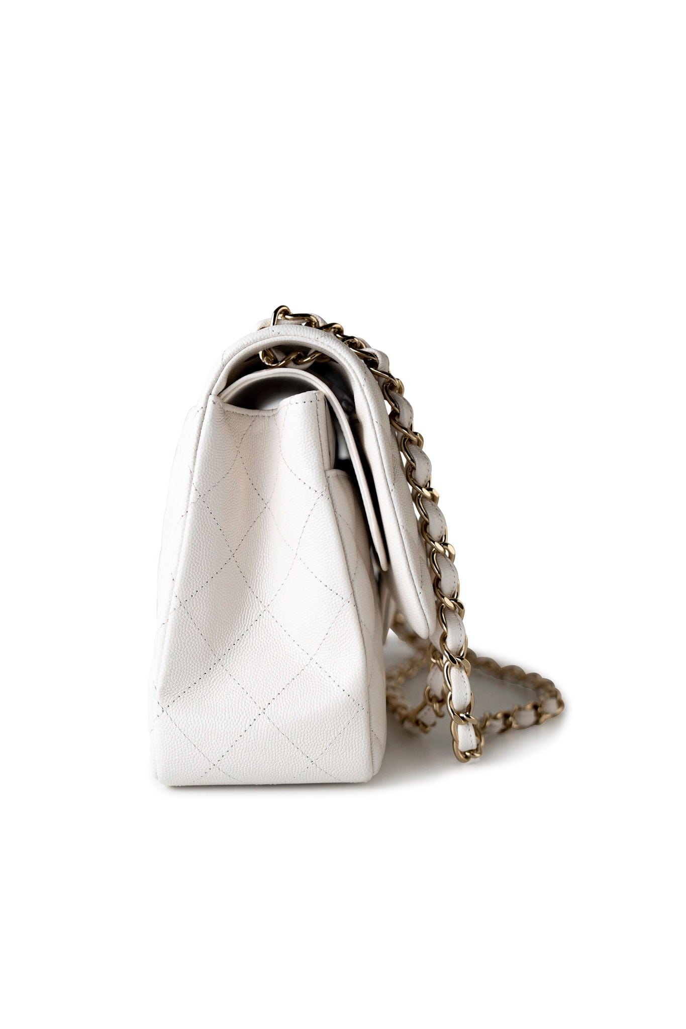 21S Jumbo White Caviar Quilted Classic Flap Light Gold Hardware