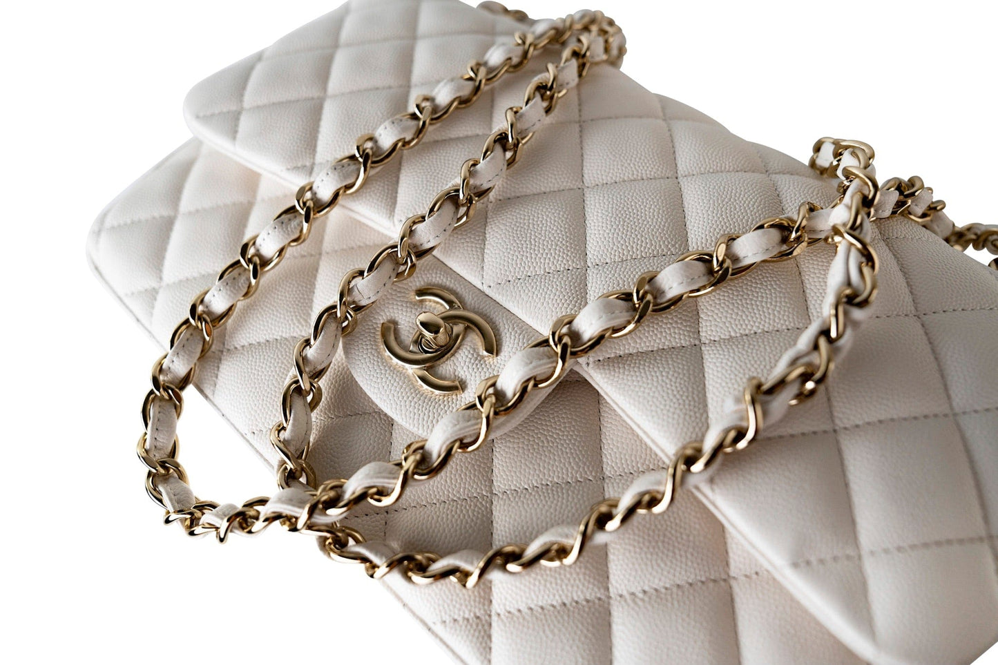 21S Jumbo White Caviar Quilted Classic Flap Light Gold Hardware