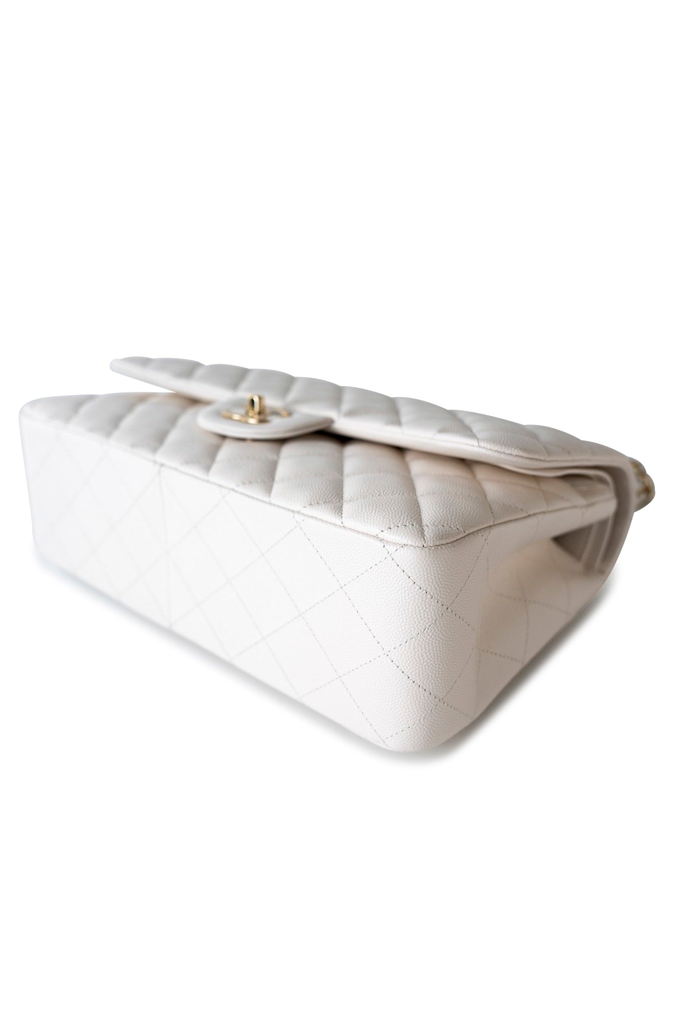 21S Jumbo White Caviar Quilted Classic Flap Light Gold Hardware