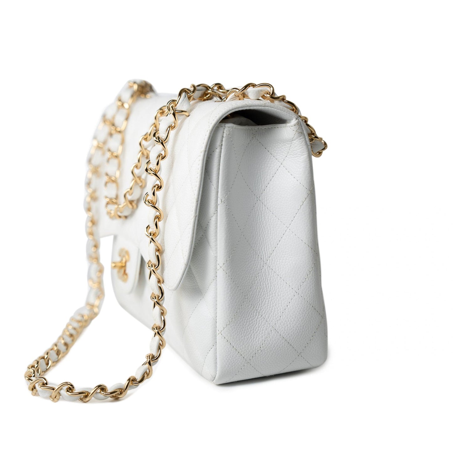 White Caviar Quilted Jumbo Single Flap Gold Hardware