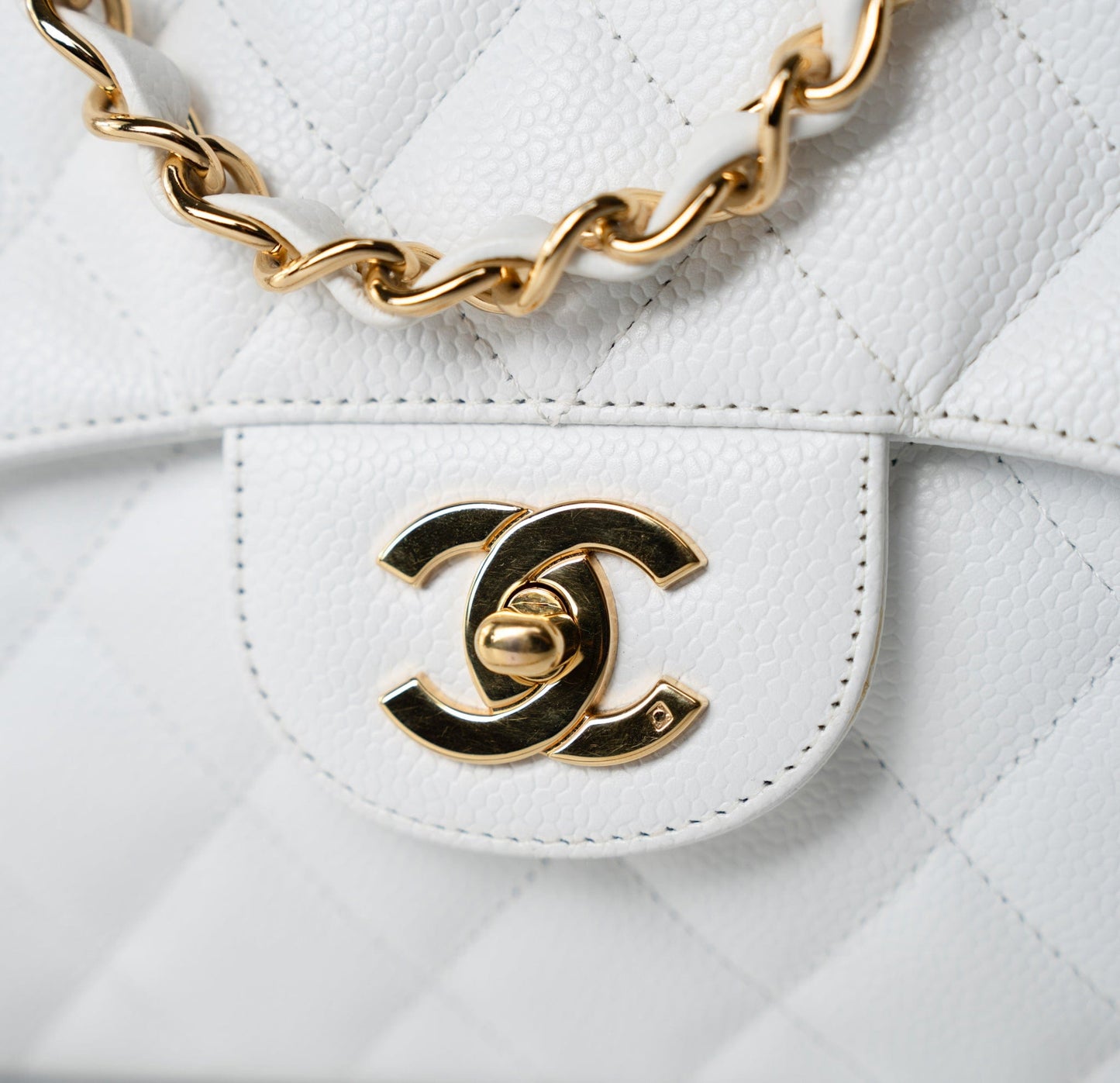 White Caviar Quilted Jumbo Single Flap Gold Hardware