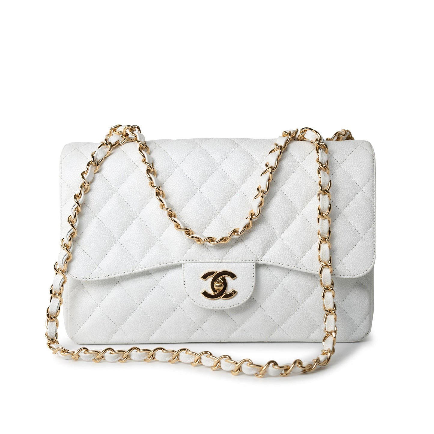 White Caviar Quilted Jumbo Single Flap Gold Hardware