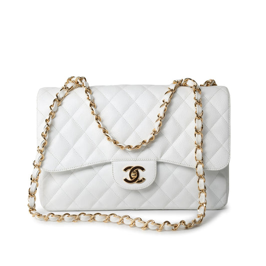 White Caviar Quilted Jumbo Single Flap Gold Hardware