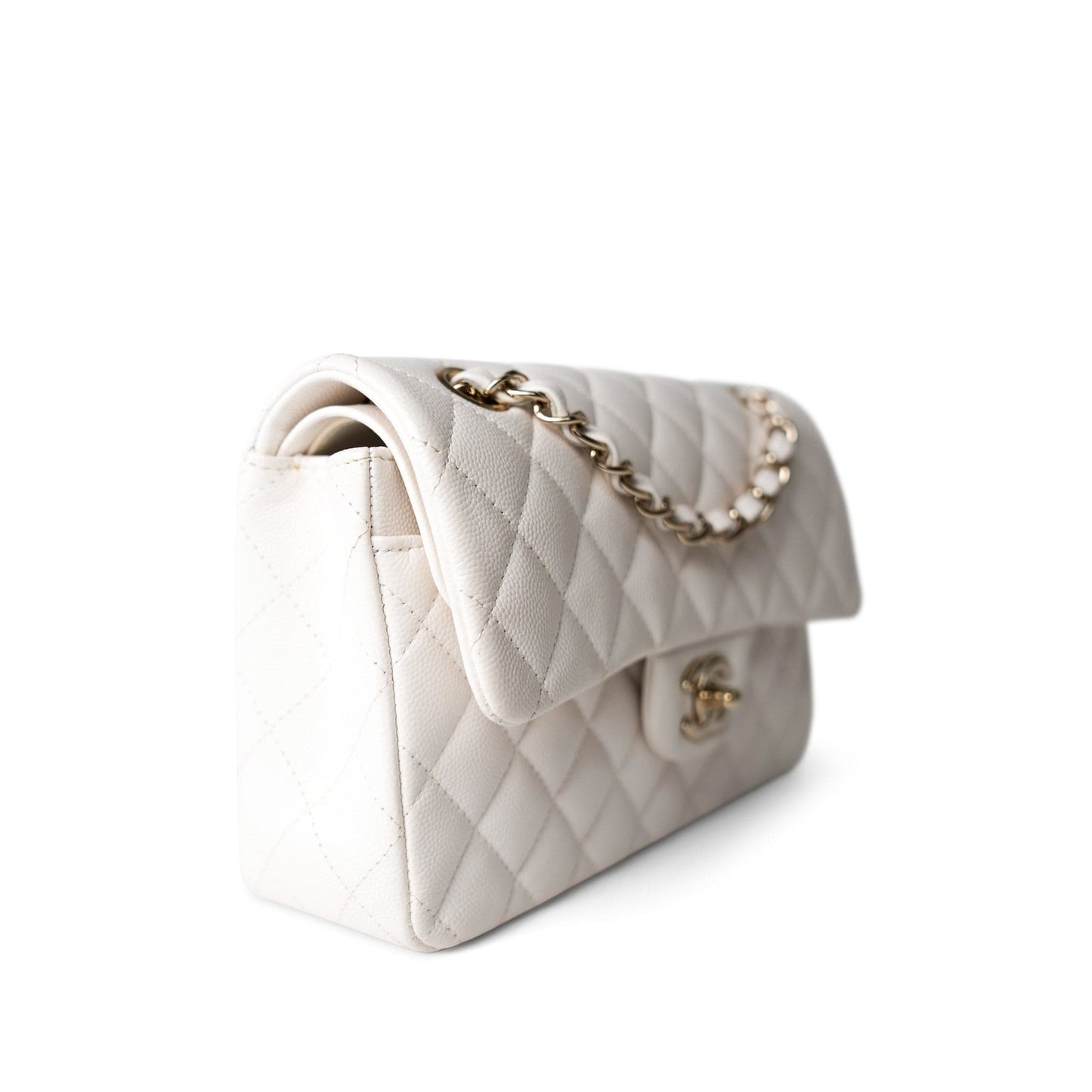21S White Caviar Quilted Classic Flap Small Light Gold Hardware